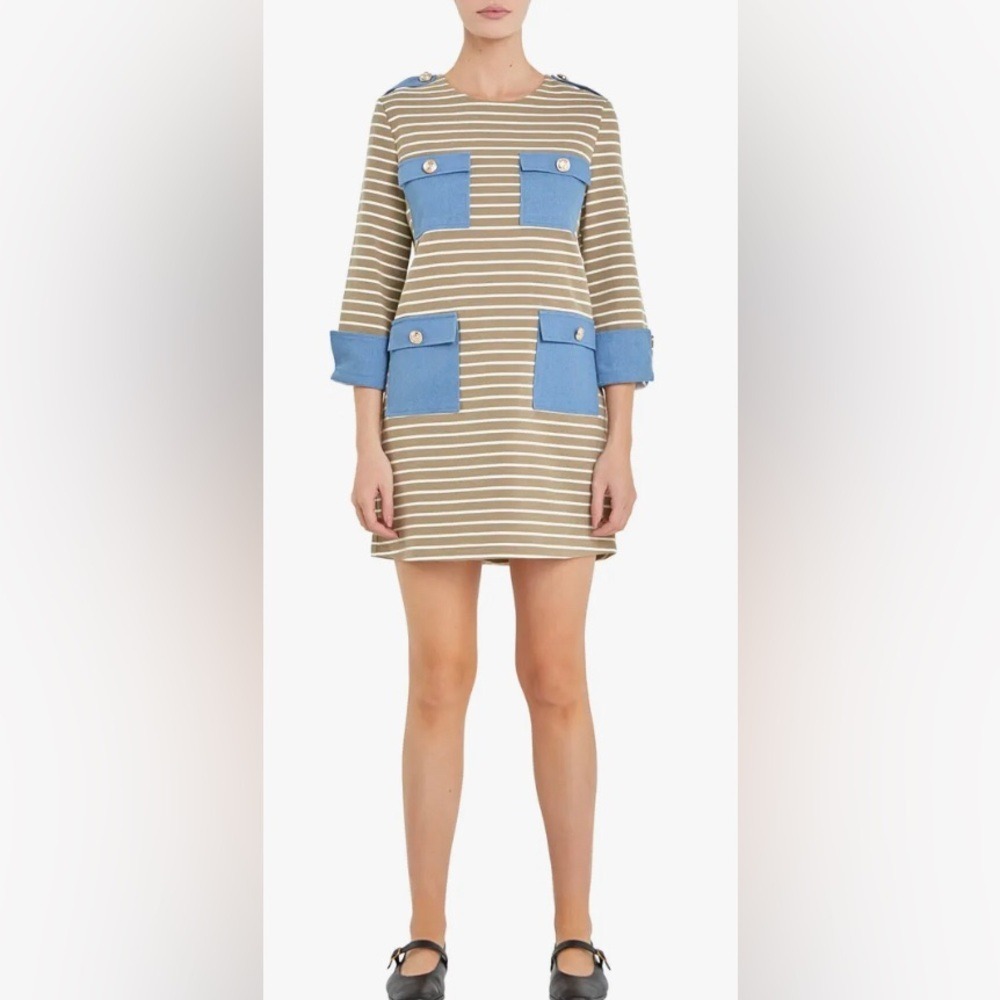 English Factory Beige & Blue Striped Mini Dress